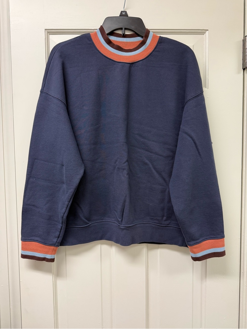 Madewell Women’s Navy Crewneck Sweater with Rust and Light Blue Trim